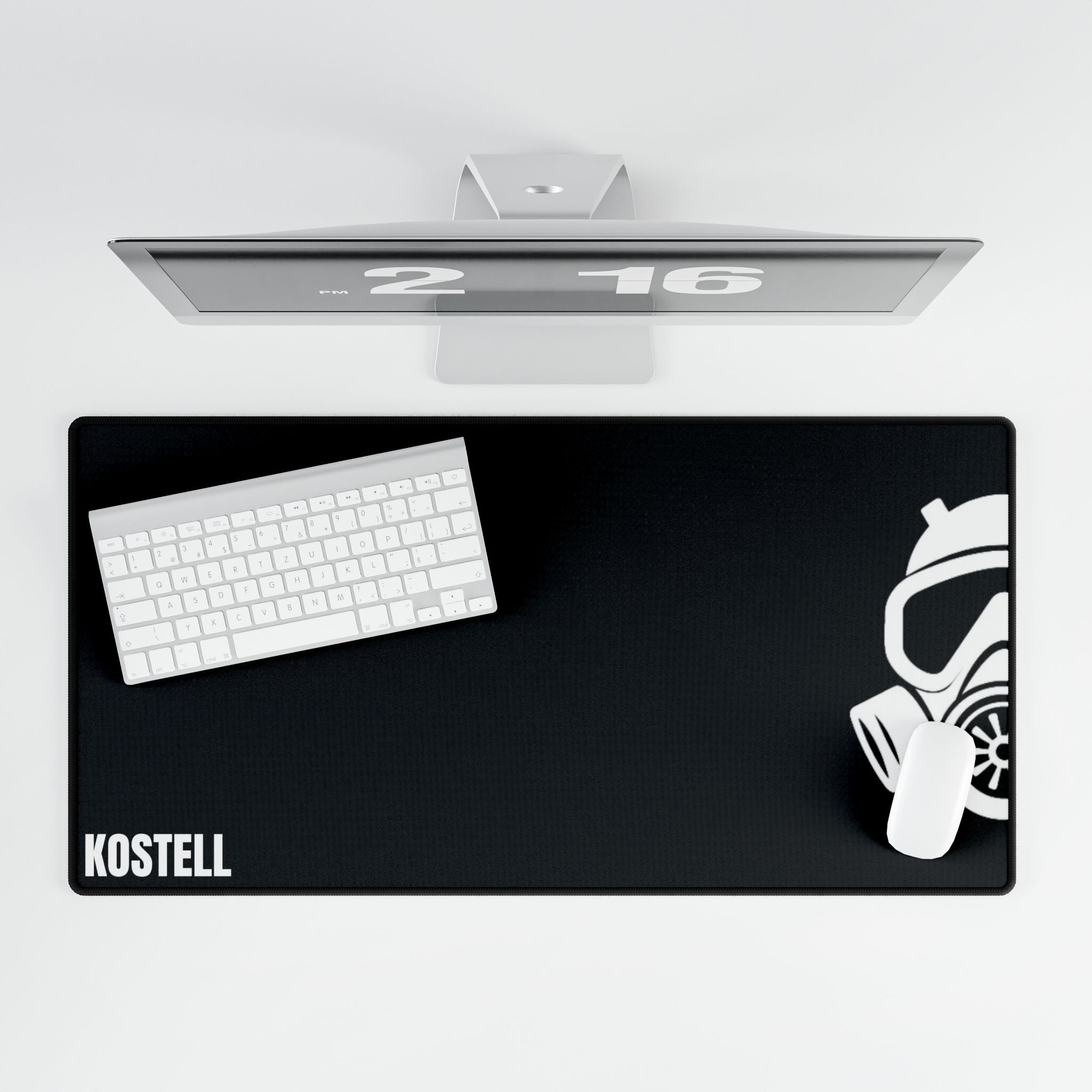 Gas Mask Gaming Desk Mat — Black Extended Mouse Pad with 'KOSTELL' Branding